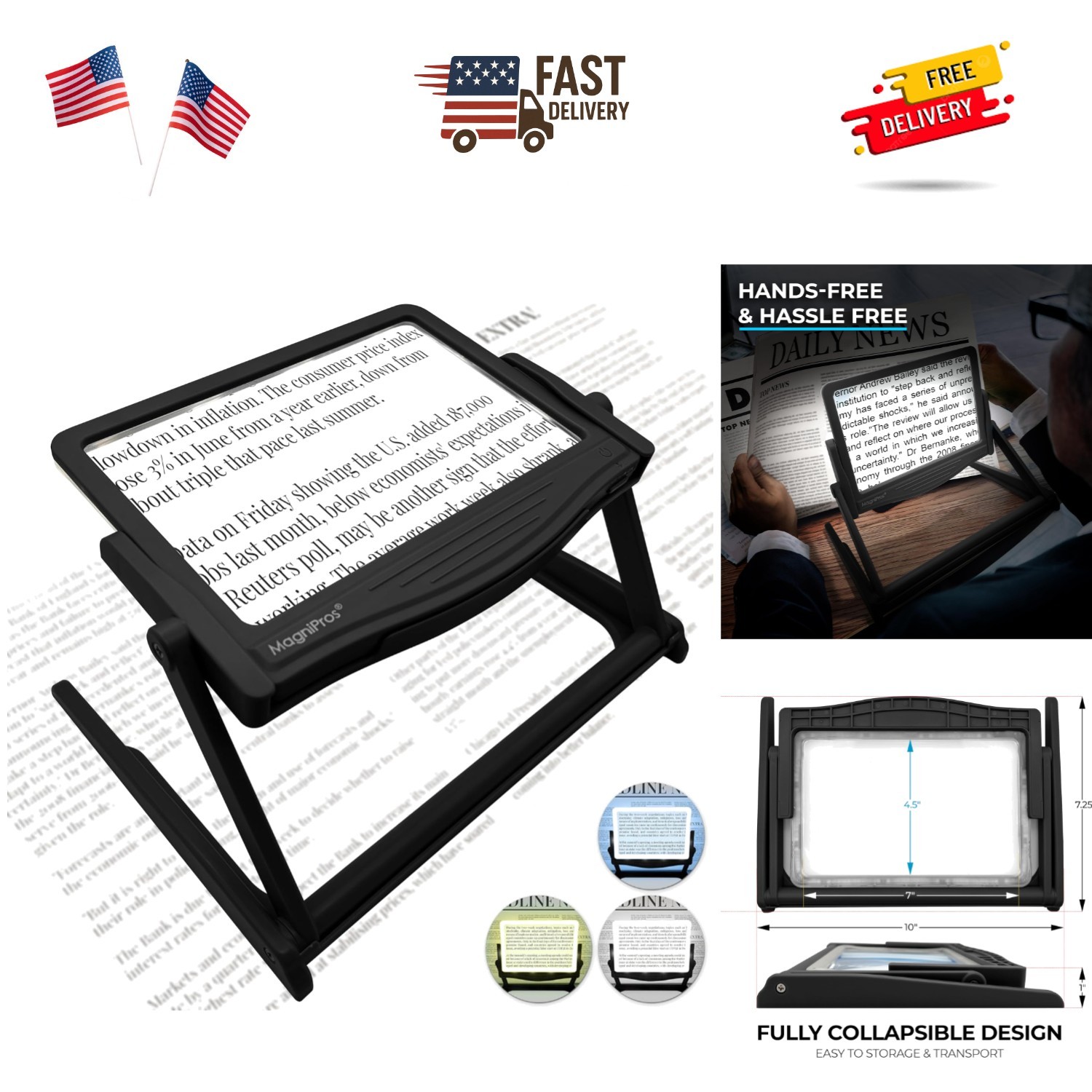 Patented 5X Large LED Page Magnifier with Detachable Stand | Eye Caring 3 Col...