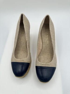 Jack Rogers Palmer Navy/Tan/Gold Sparkle  Wedge Heels Shoes Women Sz 8M