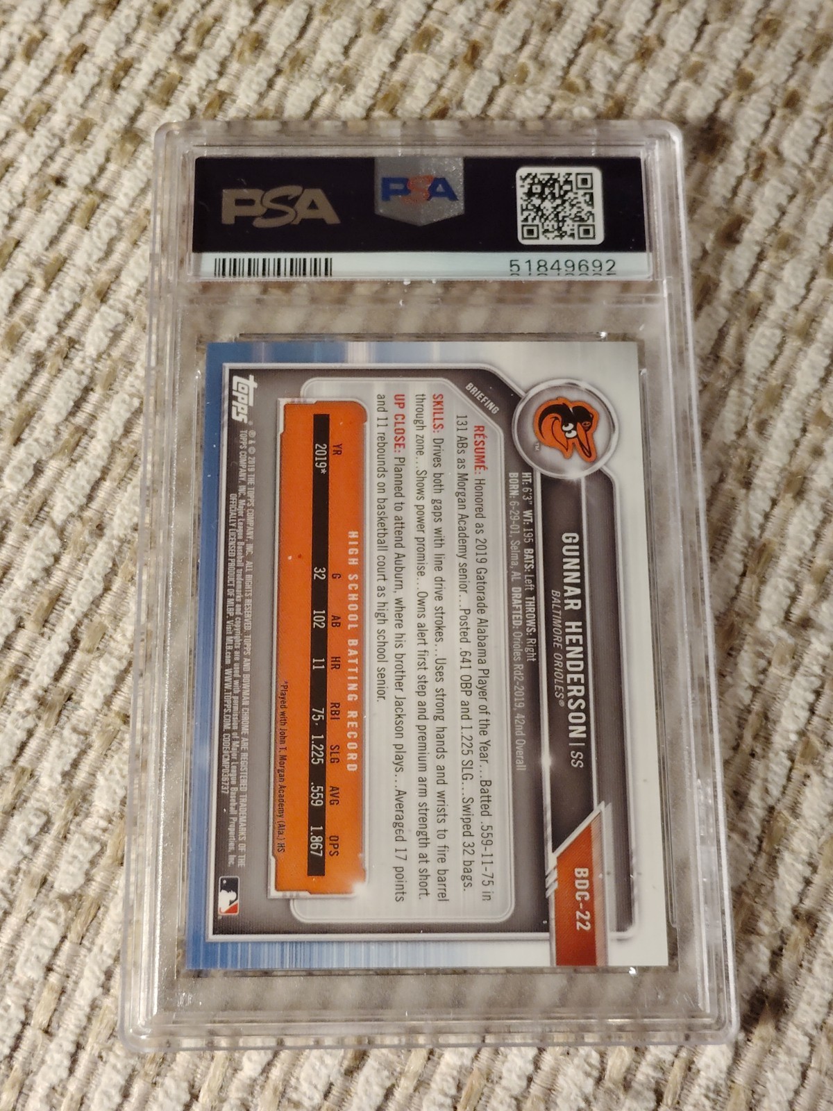 (#224/250) 2019 GUNNAR HENDERSON BOWMAN DRAFT CHROME PURPLE REFRACTOR PSA 9 RARE view 8