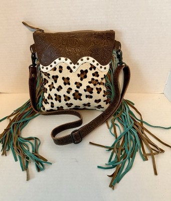 Myra Bag Animal Print Fringe Crossbody, Zip Closure, Detachable Strap, Pockets