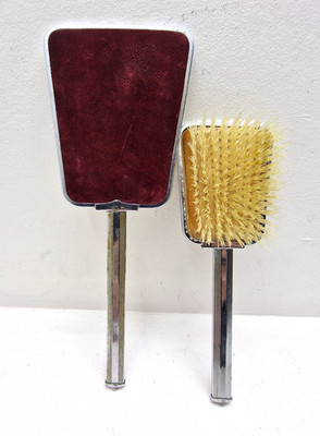 Vintage Chrom Schminktisch Handspiegel und Haarbürste Set Burgund Plüsch