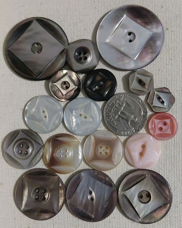 Mixed Lot of 17 Vintage Carved Mother of Pearl Buttons, Square Design Colors