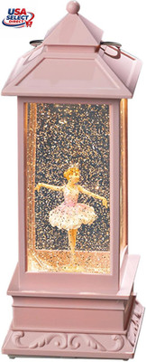 Snow Globe Lantern Ballerina Music Box LED Light USB Battery Powered Pink