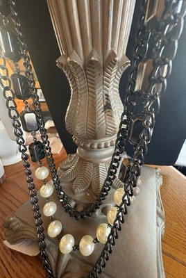 SAQ Stmt.  Necklace Multi Strand Chains Black Beads Clear & Red Large Cabachons