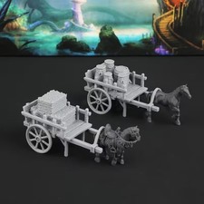 Tabletop Pferdewagen Set – 2 Wagen + 2 Pferde – DnD Fantasy Miniaturen