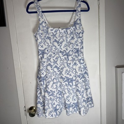 Avec Les Filles Linen Blend Fit Flare Nautical Starfish Anchor Dress Size 10