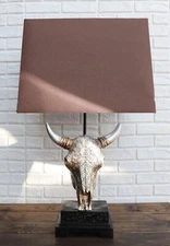 26" Southwest Vintage Rustic Floral Scroll Steer Bison Skull Table Lamp W/ Shade