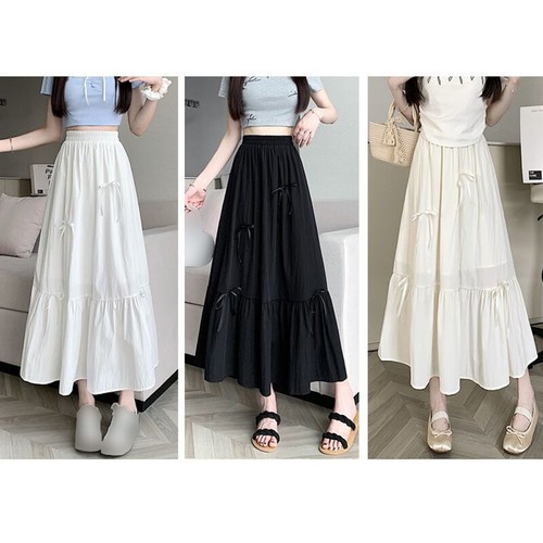 Elastic Women's High-Waisted A-Line Pleated Skirt with Bows Puffy Skirt Dress - Picture 14 of 24
