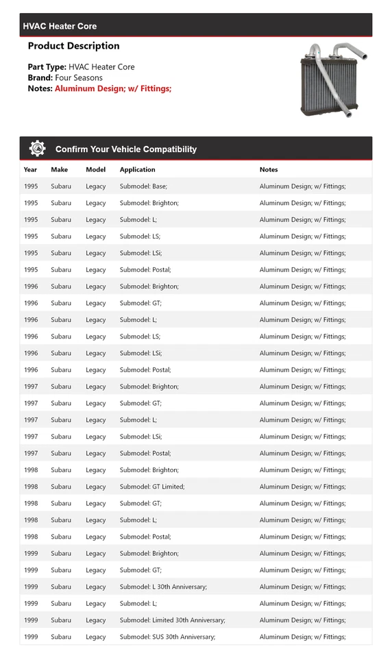 Para Subaru Legacy 1995-1999 HVAC núcleo calentador 4 estaciones 1996 1997 1998 Foto 2 de 4