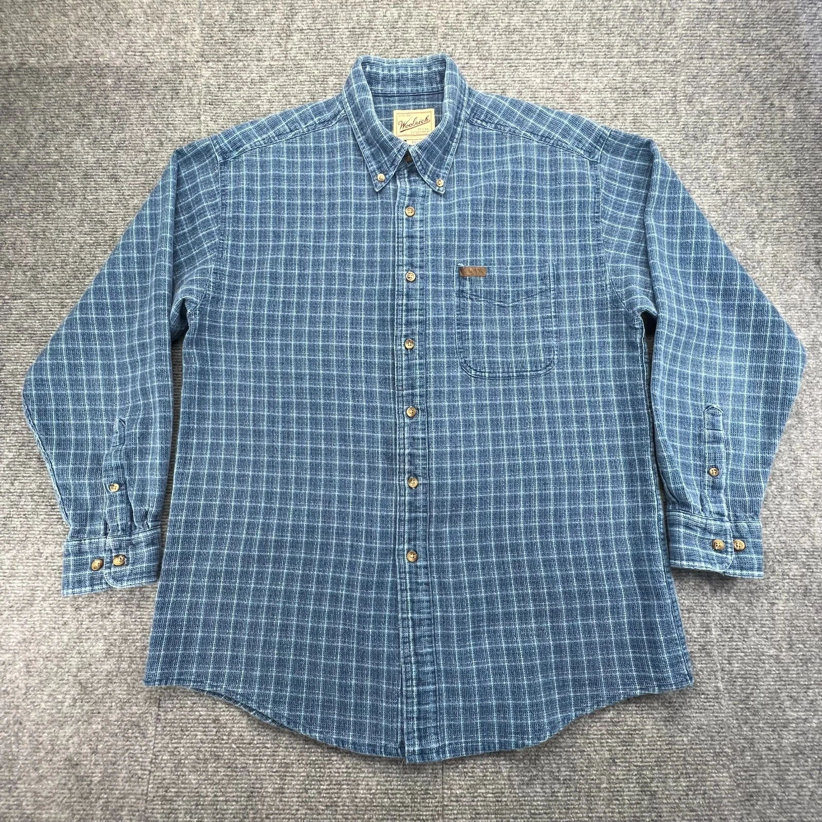 Vtg Woolrich Shirt Mens L Blue Knit Window Pane Long Sleeve Y2K Outdoor Wear