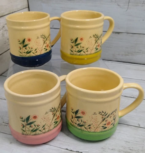 Vtg Taiwan 70s-80s 12oz (4) Floral Stoneware Coffee Mugs Movie MCM Prop 