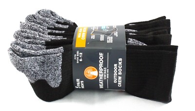 5 Pair New Weatherproof Men s Outdoor Wool Blend Crew Sock Black Size 6-12