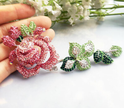 5.3'' New Pink Pretty Rose Flower Woman Brooch Pin Rhinestone Crystal Gifts