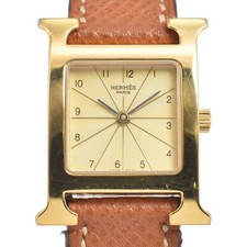 Hermes Heure H Quartz Plated Metal And Leather Watch