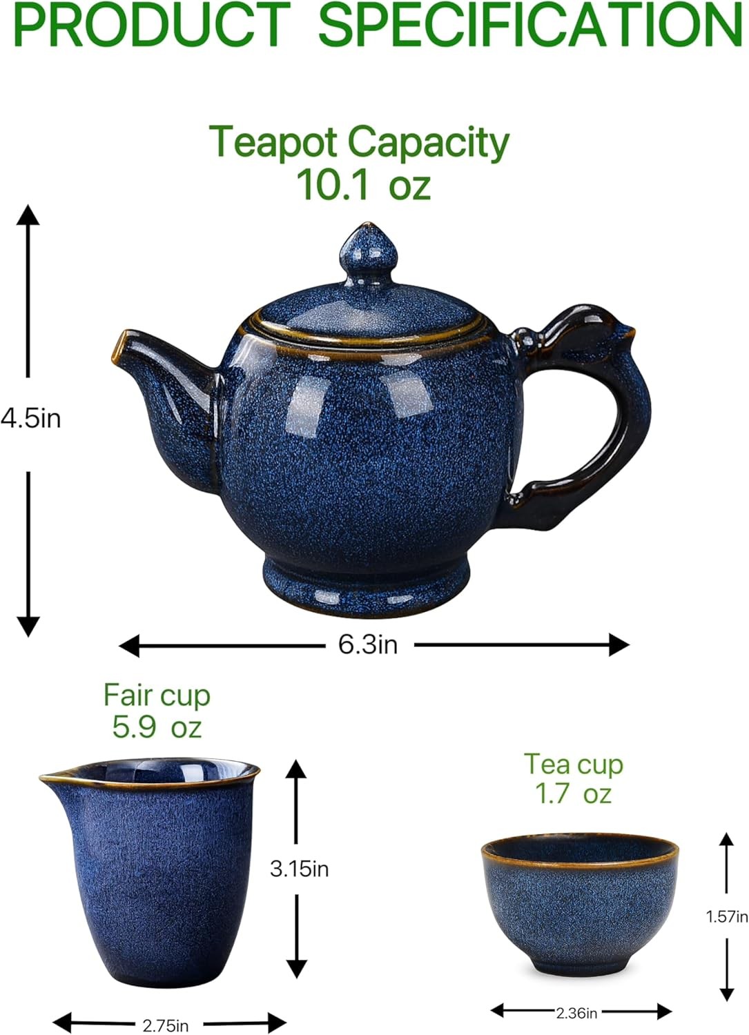Chinese gongfu tea set porcelain,9-Piece 9 Pieces, Deep Blue With Gold Trim 