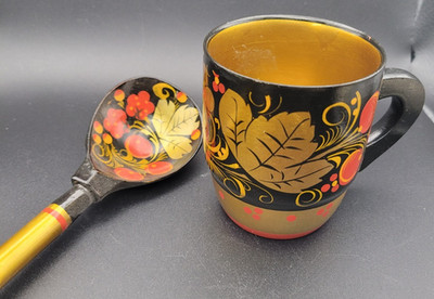 Vintage Russian Khokhloma Wooden Mug & Long Spoon Set Hand Painted USSR Era