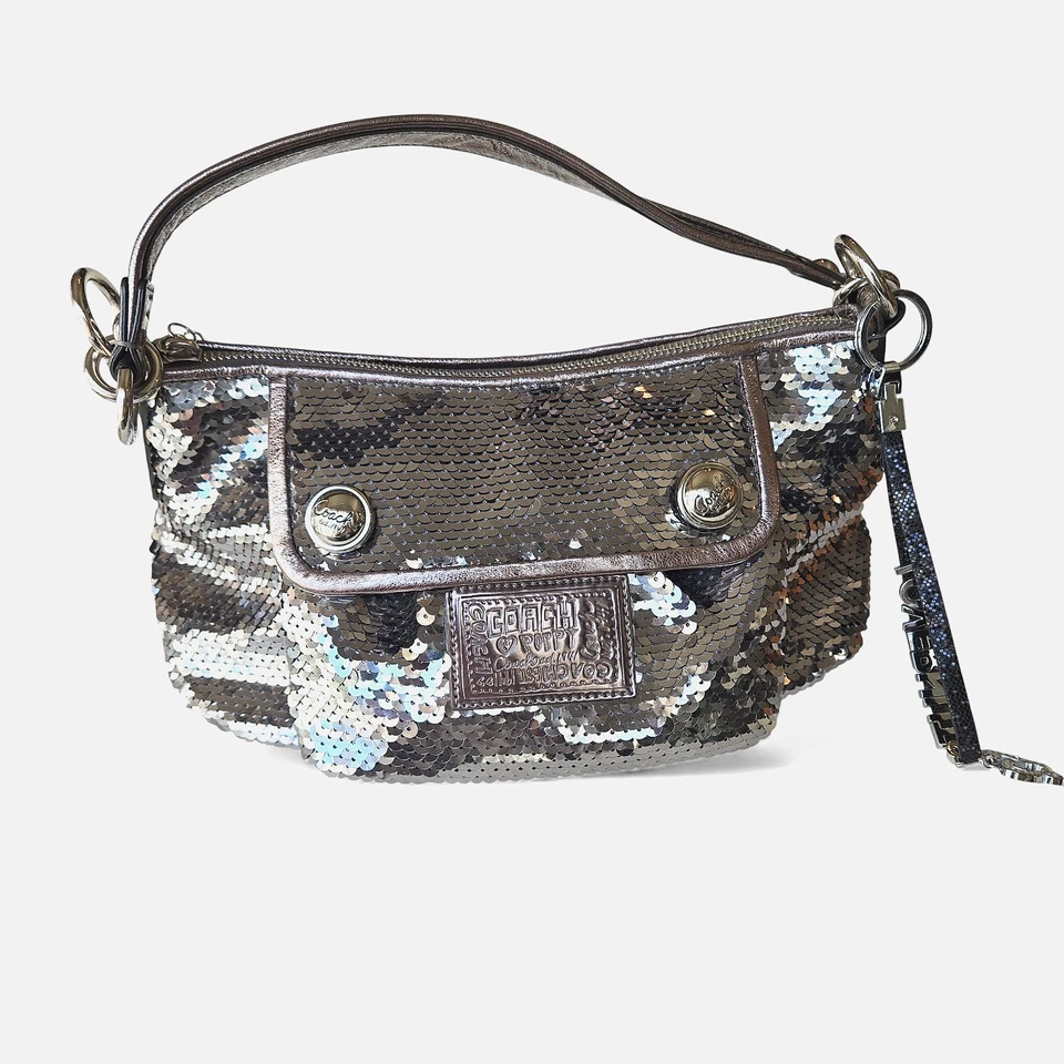 Bolso Cartera Coach Vintage Amapola Plateado Lentejuelas Borde Púrpura Glamour Brilla Vacaciones Foto 3 de 4