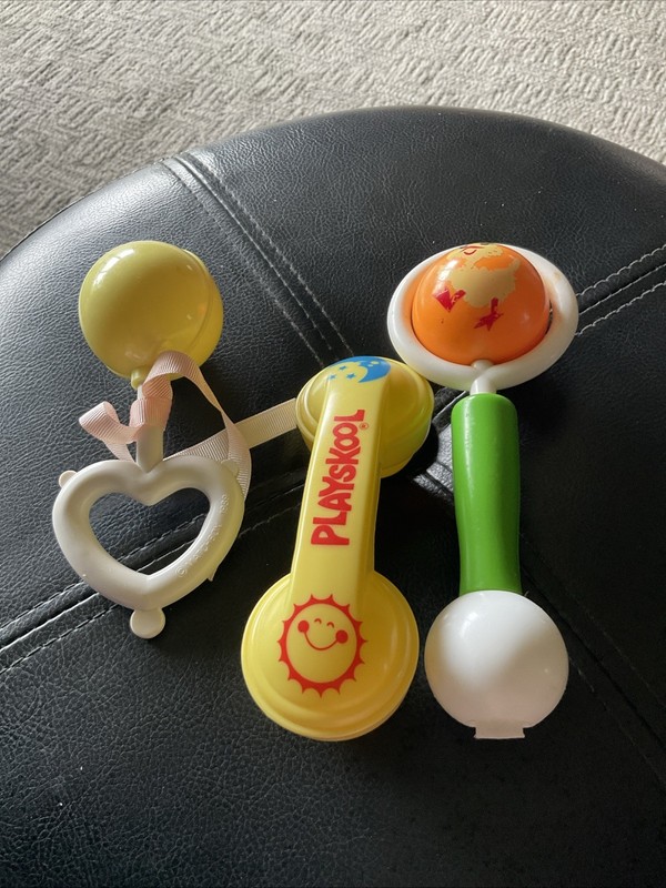 Vintage Lot of 3 Plastic Baby Rattles Heart Phone Evenflo Shaker