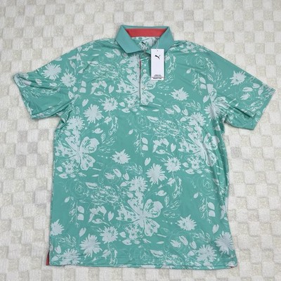 Puma MATTR Men's Size Large Rose Golf Polo Aquatic Peaceful Blue UPF40 Floral