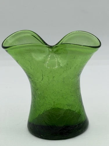 Vintage Blenko Emerald Green Handblown Art Glass Crackle Vase