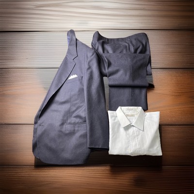Borelli  Italy,  dual vent Suit  NavyBlue /White Pinstripes & Gv Shirt 100% Wool