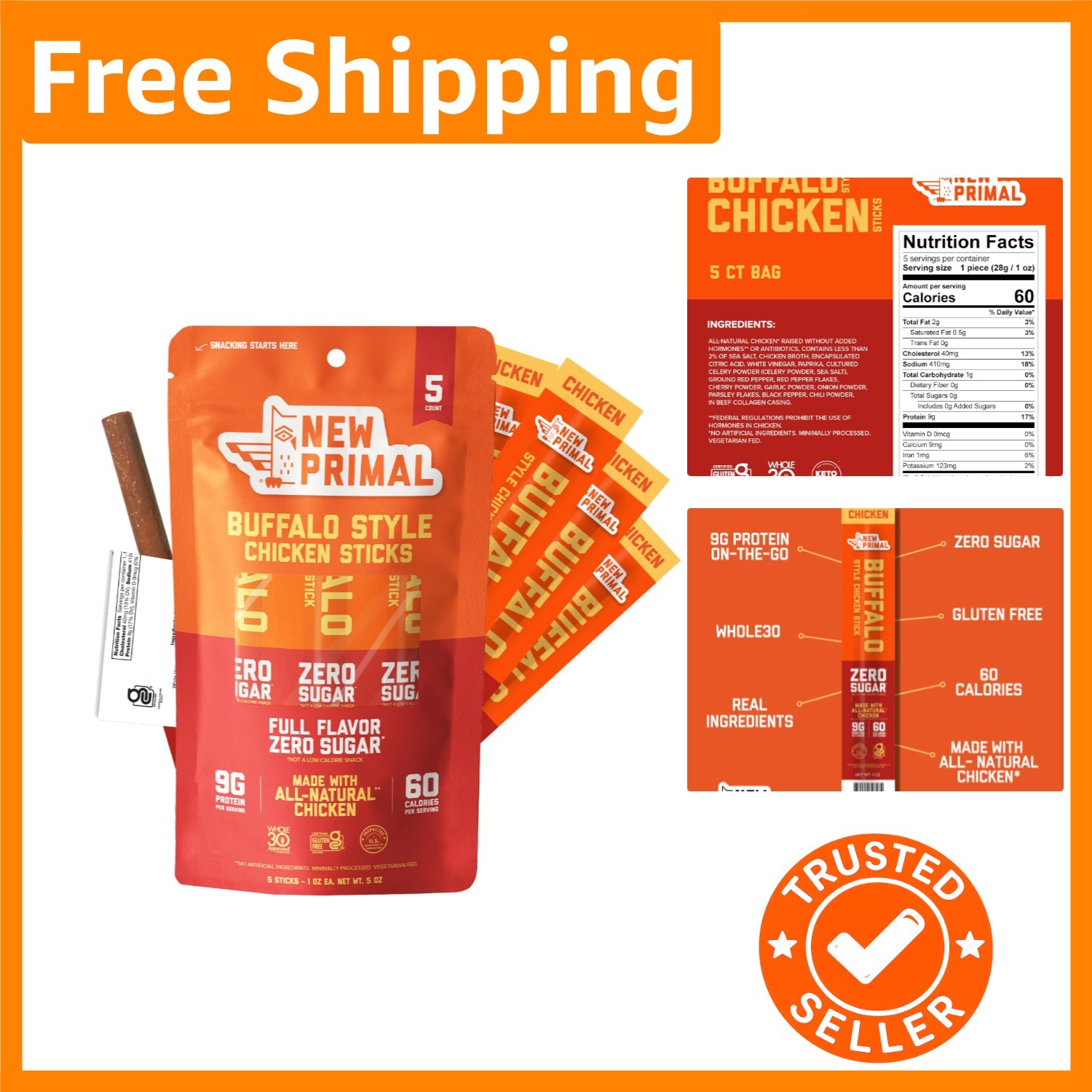 Keto Buffalo Chicken Meat Sticks: Sugar-Free, Portable Protein Snack - 5 Count