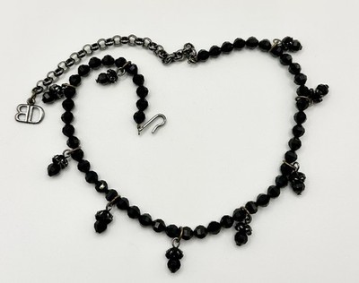 Vintage Black Crystal Glass Necklace Gunmetal Silver Tone Signed DB 16 