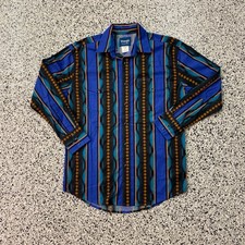 Vintage Wrangler Pearl Snap Western Print Blue Cowboy Shirt Mens Medium