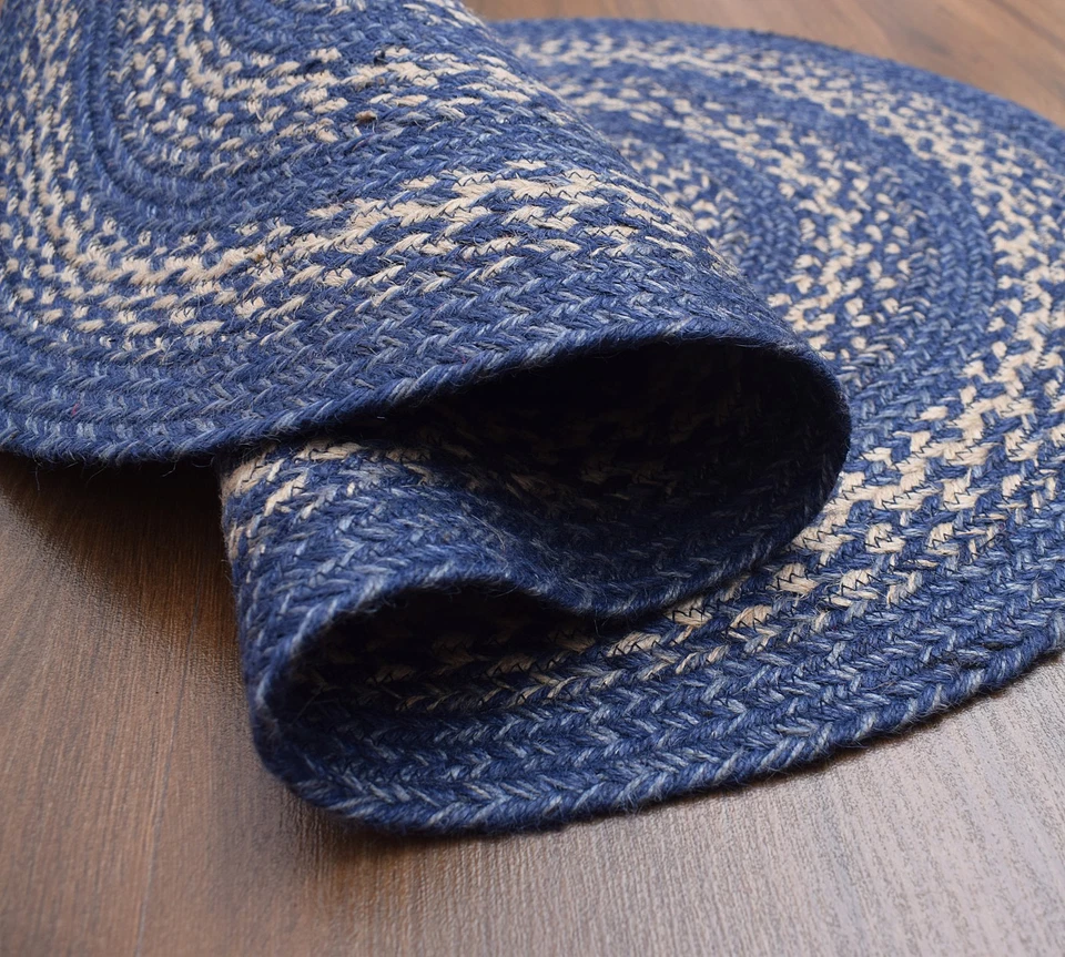 Blue Braided Farmhouse Jute Rug in Rectangles Oval Runner for Kitchen - Image 2 of 4