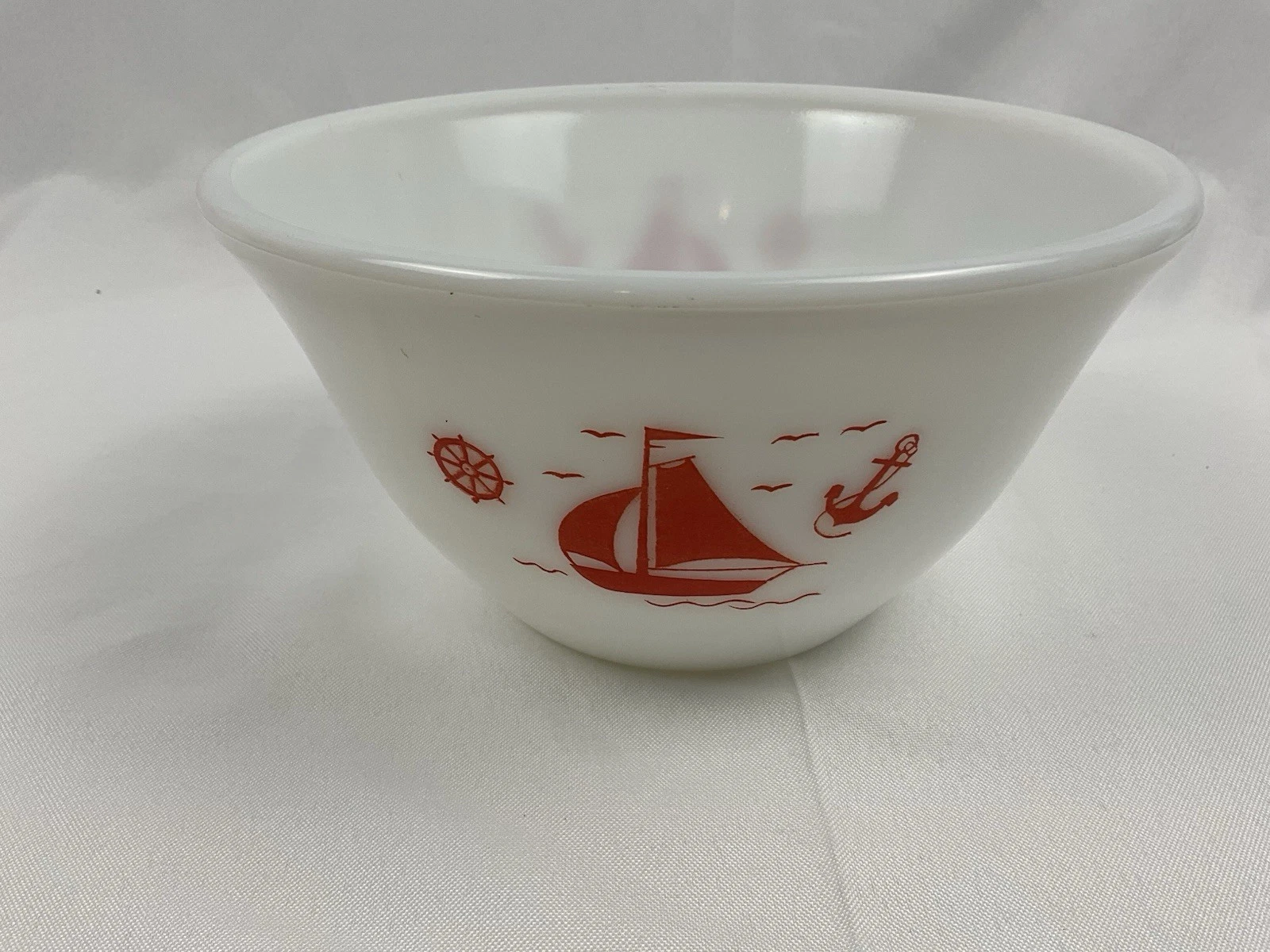 Vintage McKee Glass Co. Red Sailboat White Milk Glass 8" Mixing Bowl
