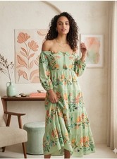 Farm Rio x Anthropologie Off Shoulder Tiered Floral Midi Dress Green S NWT $238