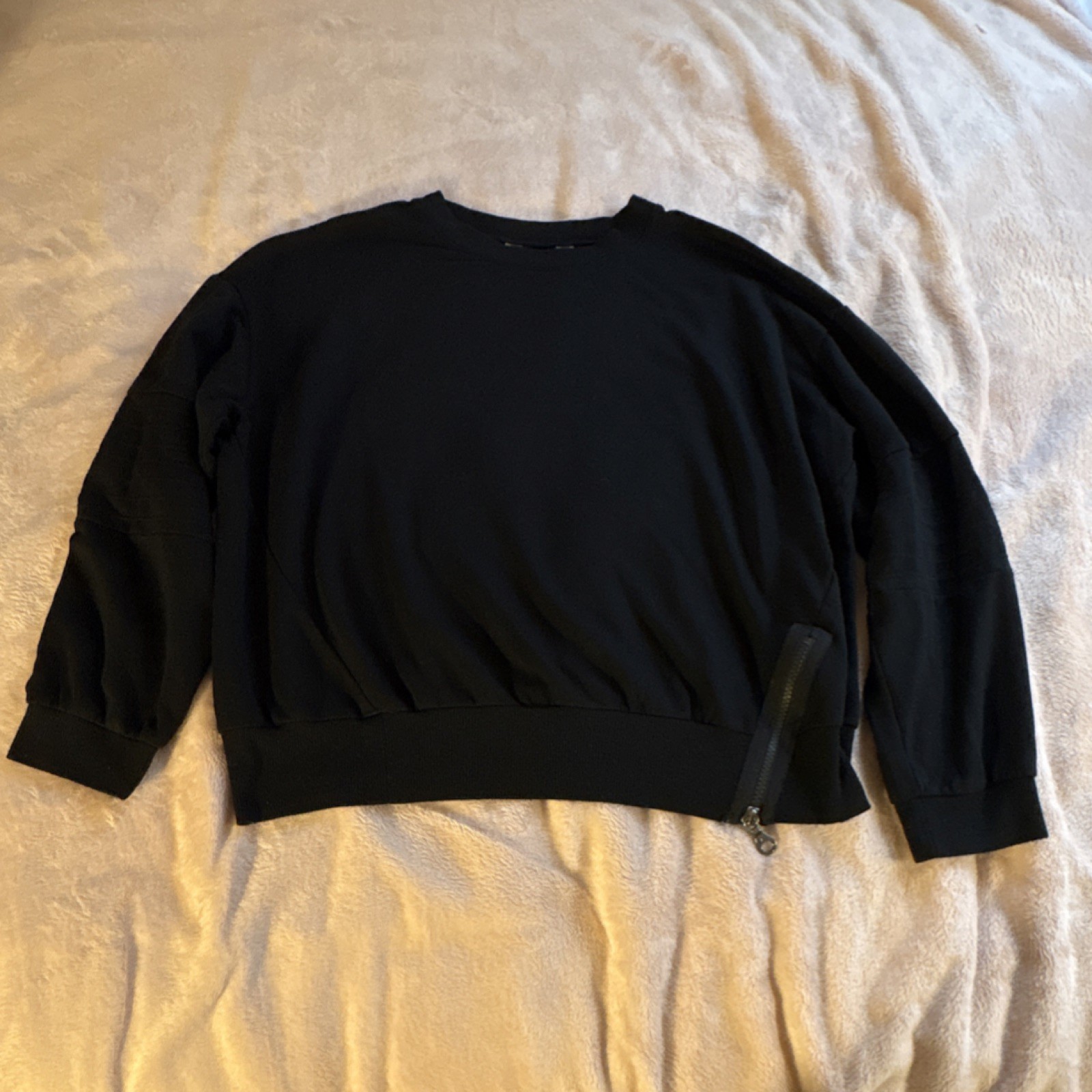 JOY LAB Women's Black Solid Pullover Sweatshirt L Zipper Accent Crew Neck