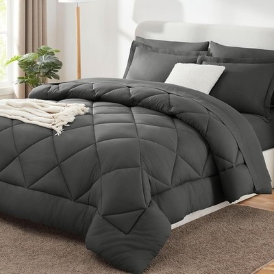 CozyLux Queen Comforter Set 7-Piece Dark Grey Soft All-Season Bed in a Bag