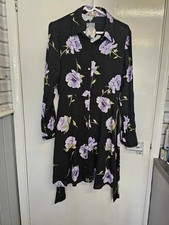 Apricot Peony Print Self Tie Shirt Dress Black Floral Viscose Mini Midi Size 10