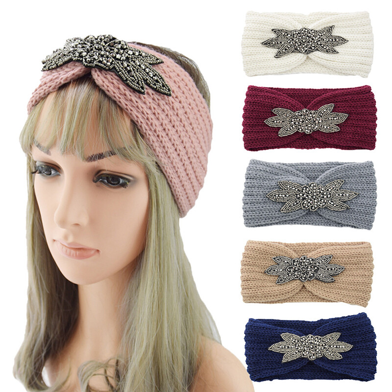 Ladies Beaded Wide Hair Band Rhinestone Crochet Knit  display picture 1