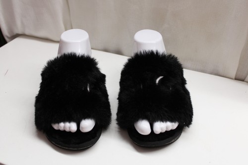 DIOR Rabbit Fur Soft Comfy Fuzzy Memory Foam Black Elegant Babydoll Slippers 8 - Picture 2 of 6
