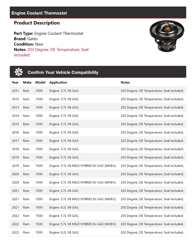 Termostato refrigerante motor Ram 1500 2011-2022 puertas 2012 2013 2014 2015 2016 Foto 2 de 4