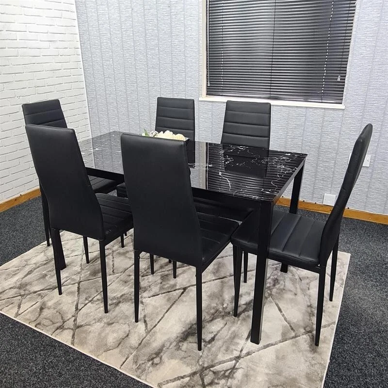 6 Seat Black Marble Effect Glass Dining Table & 6 Chairs Modern Set - Image 2 of 4