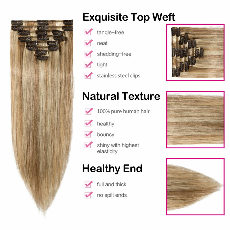 CLEARANCE 100% Human Hair Seamless Clip in Remy Hair Extensions Full Head Blonde - Image 4 of 4