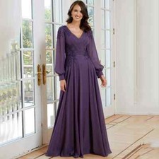 Chiffon Long Sleeves Mother of the Bride Dress V-Neck Appliques Banquet Gowns US