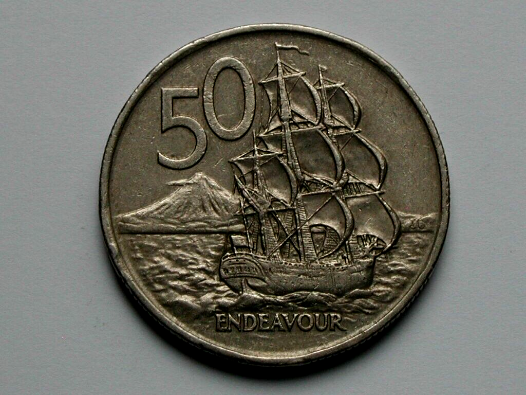 New Zealand 1975 50 CENTS Coin with Explorer James Cook Ship 