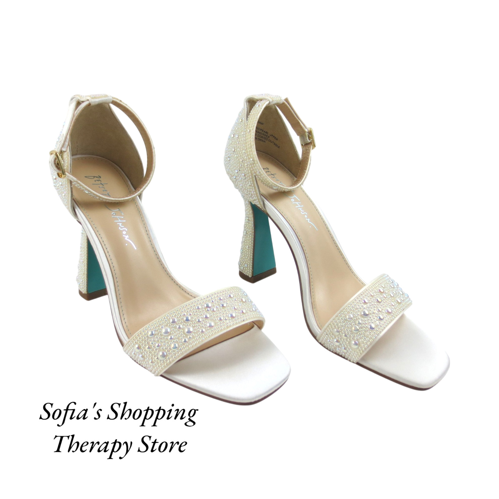 Sandalias de tacón Dani azules de Betsey Johnson perlas talla 7 novia boda zapatos de salón nuevas
