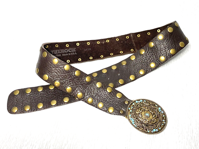 Leather Rock Studded Brown Leather Jeweled Buckle Belt Size  display picture 2