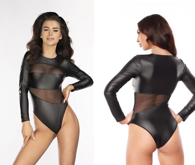 AXAMI BODY KUNSTLEDER NETZ schwarz clubwear gothic transparent langarm wetlook
