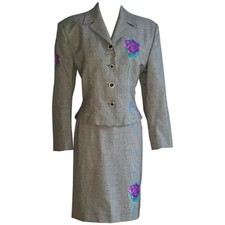 Gianni Versace Vintage 1990s Purple Flower Black White Houndstooth Skirt Suit M