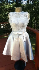 New FanHao Silver Satin & Lace w/ Pockets Corset Back Formal Party Dress XS