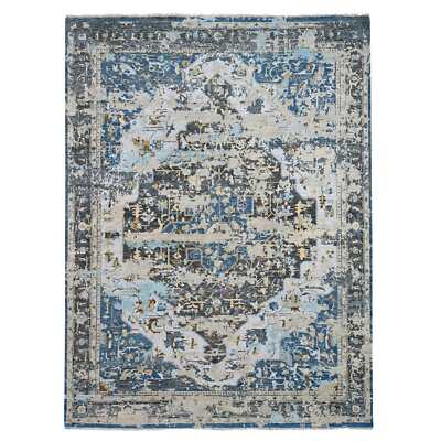 8'10''x11'10'' Blue Erased Zoroastrian Design Wool Hand Knotted Rug G84128