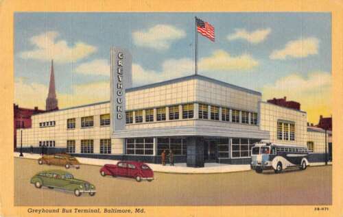 Baltimore Maryland outside Greyhound Bus Terminal linen antique pc Y13099 - 第 1/2 張圖片