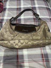 Coach Beige Brown Logo Pattern Shoulder Bag with Zip Closure and Inner Pockets