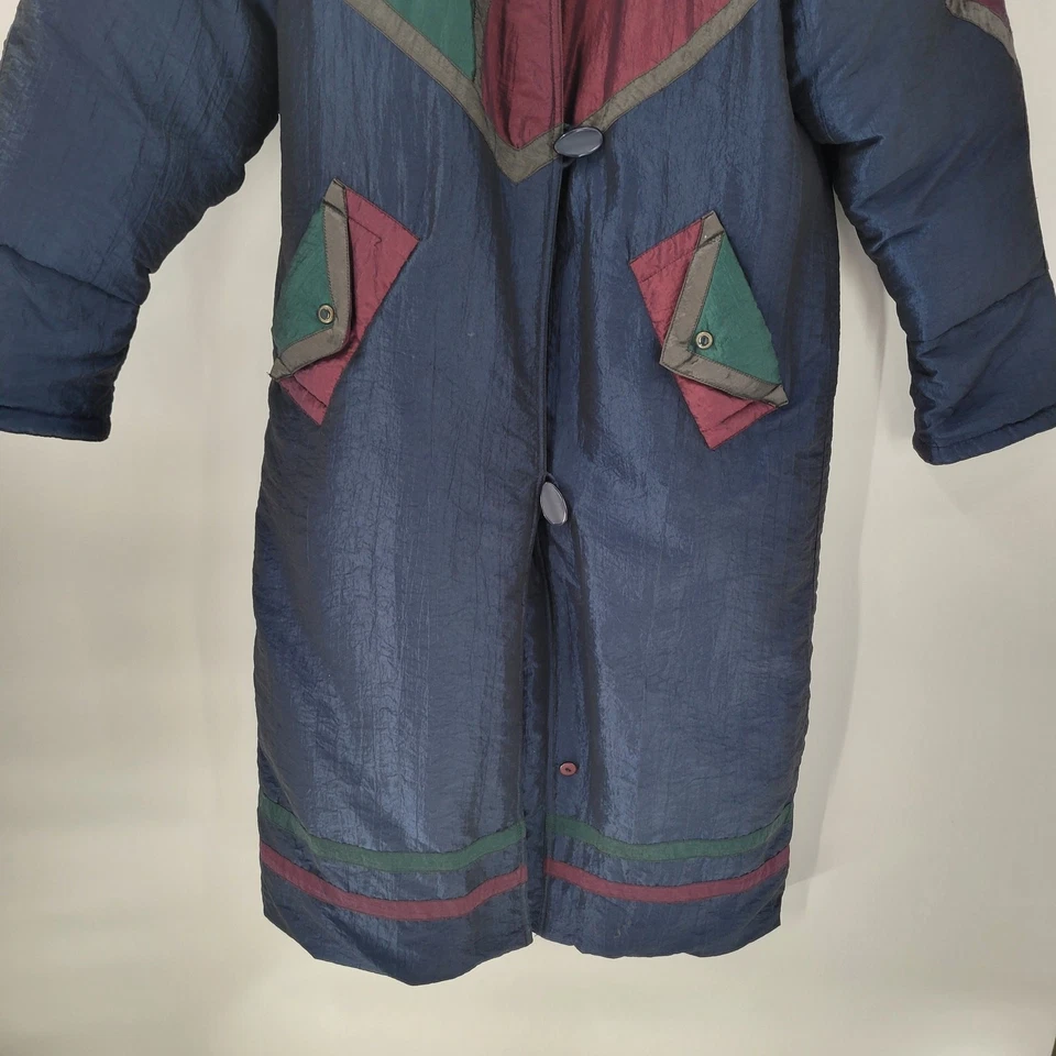 Vintage Gallery Down Fill Long Puffer Coat S Blue Colorblock Geometric - Image 2 of 4